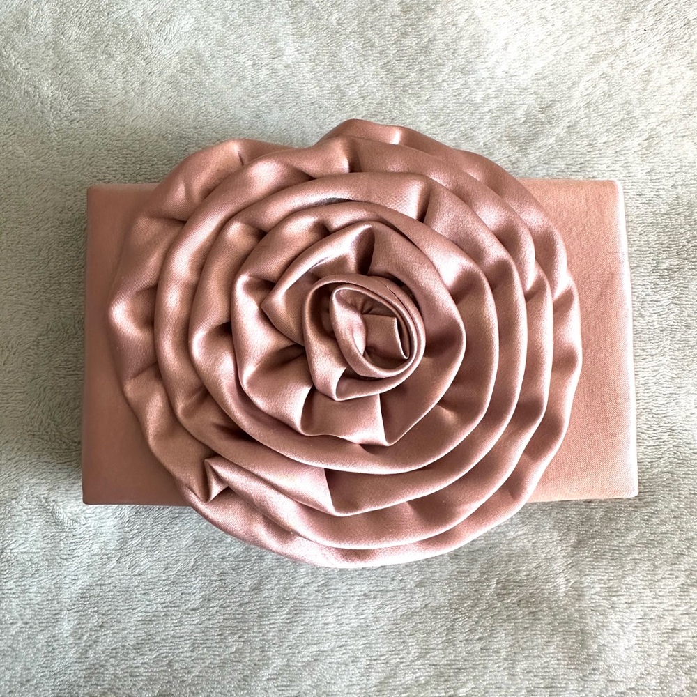 Lulu Townsend Blush Satin Rose Formal Evening Clutch with Chain
